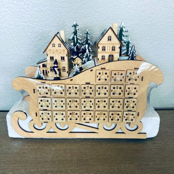 LED Lighted Wood Sleigh Advent Calendar Holiday Decor - Picture 1 of 3